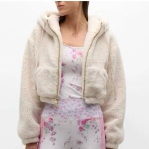 LoveShackFancy Darcelle Sherpa Bomber Cropped Jacket with Hoodie XS